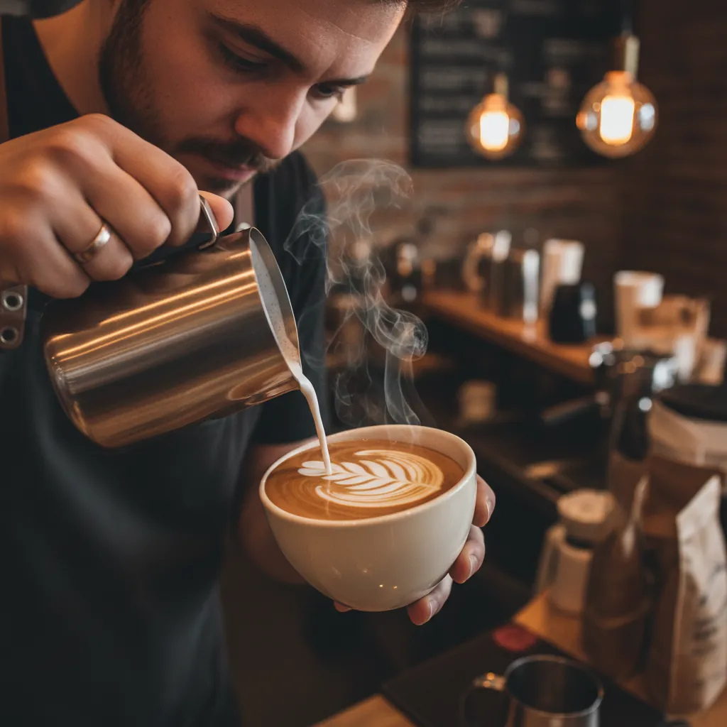 Barista bereidt latte art